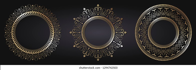 Set of decorative round frames for design with abstract floral pattern. Circle frame. Templates for printing postcards, invitations, books, for textiles, engraving, wooden furniture, forging. Vector