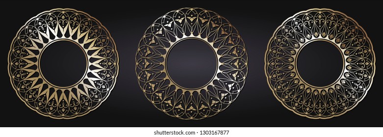 Set of decorative round frames for design with abstract floral pattern. Circle frame. Templates for printing postcards, invitations, books, for textiles, engraving, wooden furniture, forging. Vector
