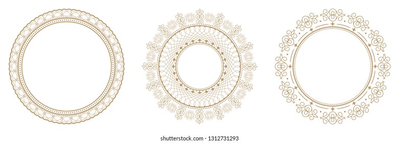 Set of decorative round frames for design with abstract floral pattern. Circle frame. Templates for printing postcards, invitations, books, for textiles, engraving, wooden furniture, forging. Vector