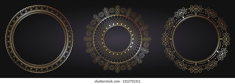 Set of decorative round frames for design with abstract floral pattern. Circle frame. Templates for printing postcards, invitations, books, for textiles, engraving, wooden furniture, forging. Vector