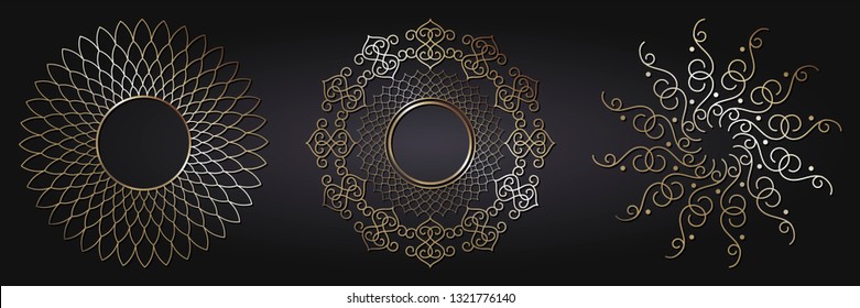 Set of decorative round frames for design with abstract floral pattern. Circle frame. Templates for printing postcards, invitations, books, for textiles, engraving, wooden furniture, forging. Vector