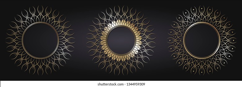 Set of decorative round frames for design with floral ornaments. Circle frame. Templates for printing postcards, invitations, books, for textiles, engraving, wooden furniture, forging. Vector