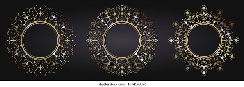 Set of decorative round frames for design with floral ornaments. Circle frame. Templates for printing postcards, invitations, books, for textiles, engraving, wooden furniture, forging. Vector