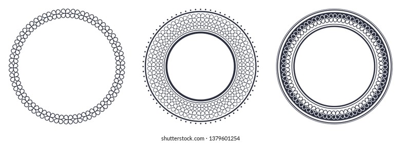 Set of decorative round frames for design with abstract floral pattern. Circle frame. Templates for printing postcards, invitations, books, for textiles, engraving, wooden furniture, forging. Vector