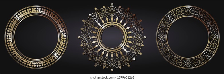 Set of decorative round frames for design with  gold abstract floral pattern. Circle frame. Templates for printing postcards, invitations, books, for textiles, engraving,  forging. Vector