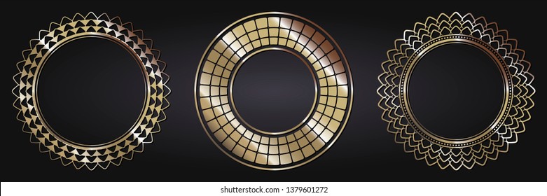 Set of decorative round frames for design with geometrical ornaments. Circle frame. Templates for printing postcards, invitations, books, for textiles, engraving, wooden furniture, forging. Vector