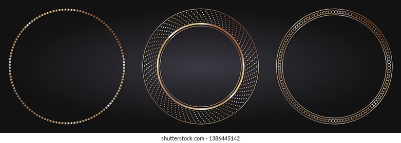 Set of decorative round frames for design with  gold abstract floral pattern. Circle frame. Templates for printing postcards, invitations, books, for textiles, engraving. Vector
