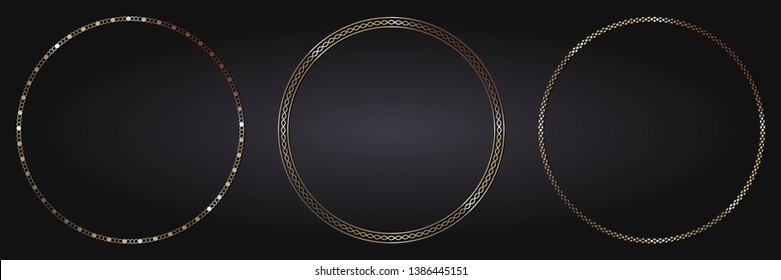 Set of decorative round frames for design with  gold abstract floral pattern. Circle frame. Templates for printing postcards, invitations, books, for textiles, engraving. Vector
