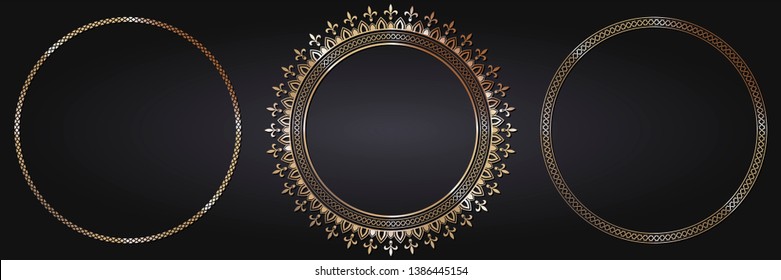 Set of decorative round frames for design with  gold abstract floral pattern. Circle frame. Templates for printing postcards, invitations, books, for textiles, engraving. Vector
