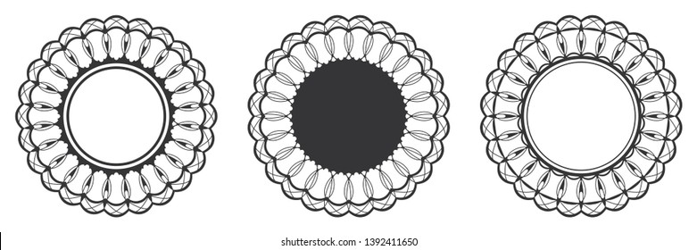 Set of decorative round frames for design with abstract floral pattern. Circle frame. Templates for printing postcards, invitations, books, for textiles, engraving, wooden furniture, forging. Vector