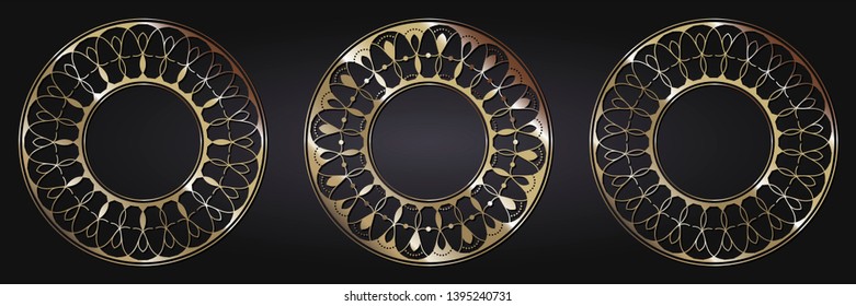 Set of decorative round frames for design with  gold abstract floral pattern. Circle frame. Templates for printing postcards, invitations, books, for textiles, engraving, forging. Vector