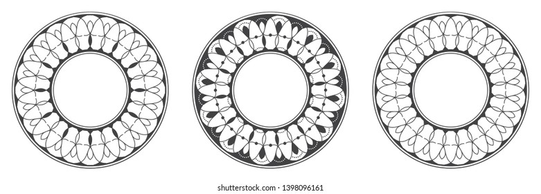 Set of decorative round frames for design with abstract floral pattern. Circle frame. Templates for printing postcards, invitations, books, for textiles, engraving, wooden furniture, forging. Vector