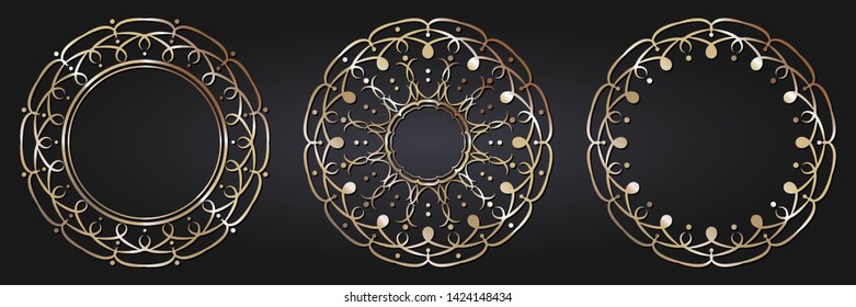 Set of decorative round frames for design with  gold abstract floral pattern. Circle frame. Templates for printing postcards, invitations, books, for textiles, engraving, forging. Vector