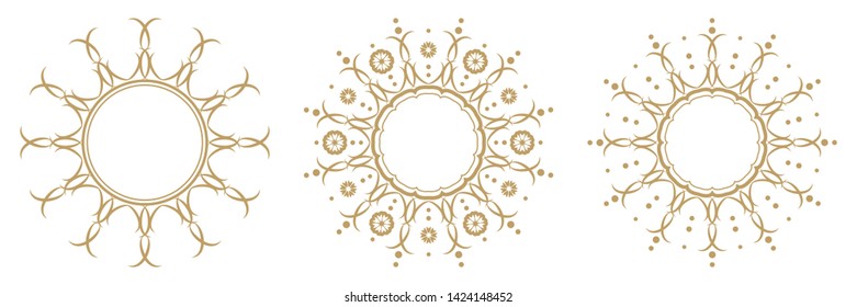 Set of decorative round frames for design with abstract floral pattern. Circle frame. Templates for printing postcards, invitations, books, for textiles, engraving, wooden furniture, forging. Vector