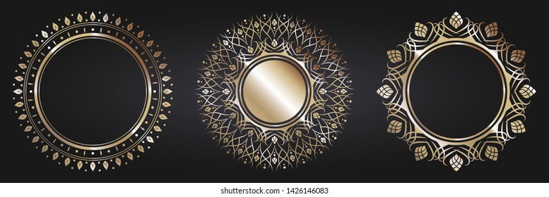 Set of decorative round frames for design with  gold abstract floral pattern. Circle frame. Templates for printing postcards, invitations, books, for textiles, engraving, forging. Vector