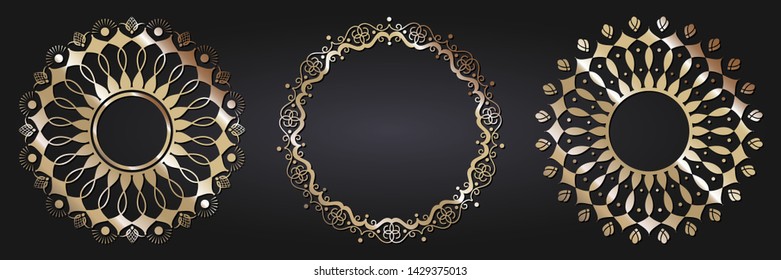 Set of decorative round frames for design with  gold abstract floral pattern. Circle frame. Templates for printing postcards, invitations, books, for textiles, engraving, forging. Vector