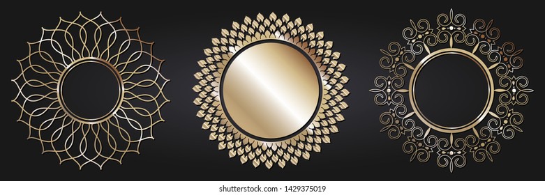 Set of decorative round frames for design with  gold abstract floral pattern. Circle frame. Templates for printing postcards, invitations, books, for textiles, engraving, forging. Vector