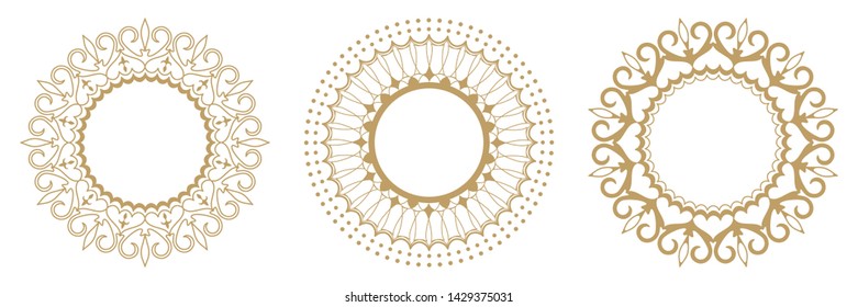 Set of decorative round frames for design with abstract floral pattern. Circle frame. Templates for printing postcards, invitations, books, for textiles, engraving, wooden furniture, forging. Vector