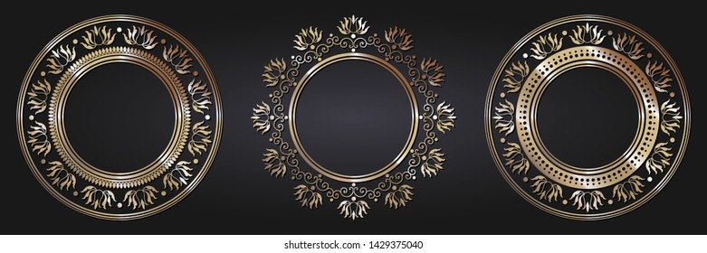 Set of decorative round frames for design with  gold abstract floral pattern. Circle frame. Templates for printing postcards, invitations, books, for textiles, engraving, forging. Vector