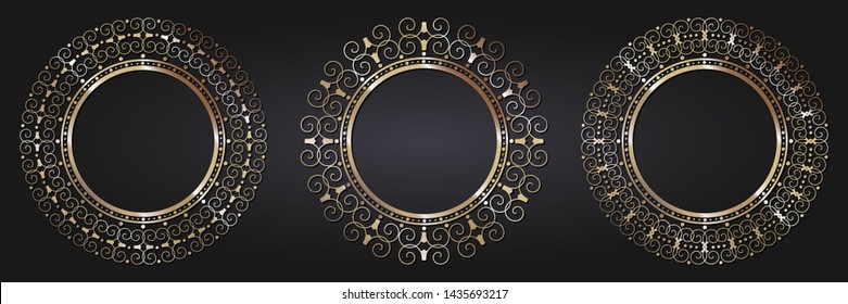 Set of decorative round frames for design with  gold abstract floral pattern. Circle frame. Templates for printing postcards, invitations, books, for textiles, engraving, forging. Vector