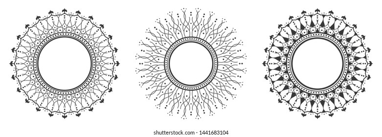 Set of decorative round frames for design with abstract floral pattern. Circle frame. Templates for printing postcards, invitations, books, for textiles, engraving, wooden furniture, forging. Vector