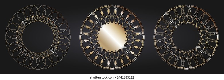 Set of decorative round frames for design with  gold abstract floral pattern. Circle frame. Templates for printing postcards, invitations, books, for textiles, engraving, forging. Vector