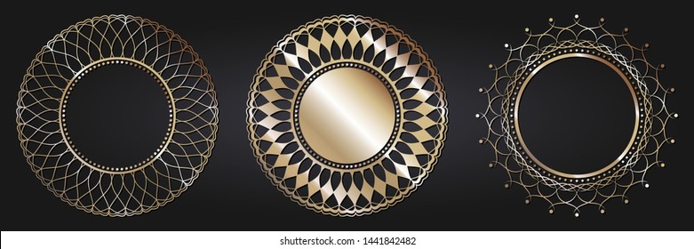 Set of decorative round frames for design with  gold abstract floral pattern. Circle frame. Templates for printing postcards, invitations, books, for textiles, engraving, forging. Vector