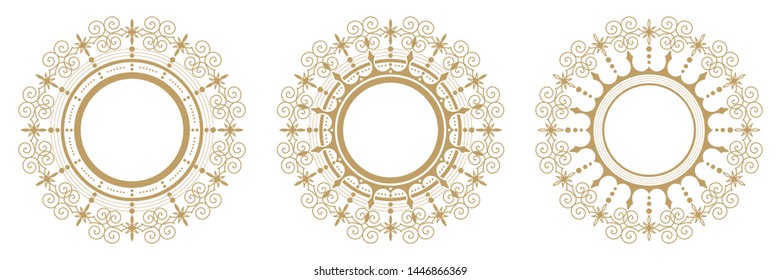 Set of decorative round frames for design with abstract floral pattern. Circle frame. Templates for printing postcards, invitations, books, for textiles, engraving, wooden furniture, forging. Vector