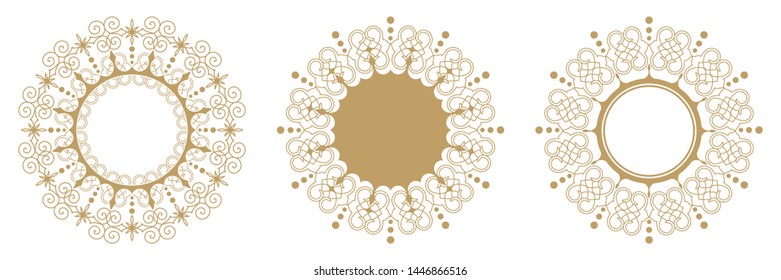 Set of decorative round frames for design with abstract floral pattern. Circle frame. Templates for printing postcards, invitations, books, for textiles, engraving, wooden furniture, forging. Vector