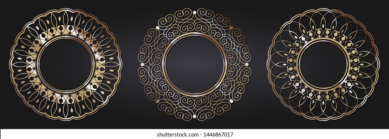 Set of decorative round frames for design with  gold abstract floral pattern. Circle frame. Templates for printing postcards, invitations, books, for textiles, engraving, forging. Vector