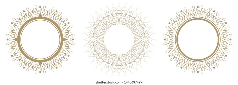 Set of decorative round frames for design with abstract floral pattern. Circle frame. Templates for printing postcards, invitations, books, for textiles, engraving, wooden furniture, forging. Vector