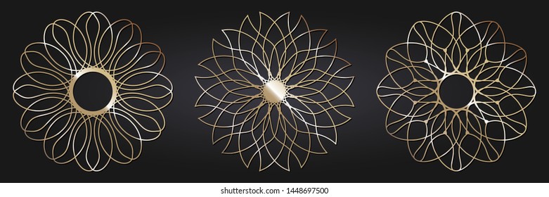 Set of decorative round frames for design with  gold abstract floral pattern. Circle frame. Templates for printing postcards, invitations, books, for textiles, engraving, forging. Vector