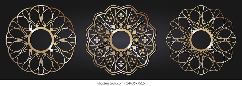 Set of decorative round frames for design with  gold abstract floral pattern. Circle frame. Templates for printing postcards, invitations, books, for textiles, engraving, forging. Vector