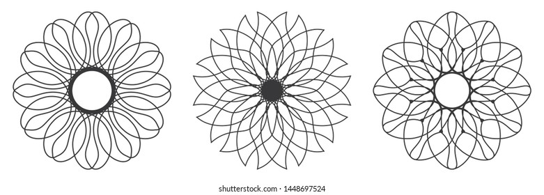 Set of decorative round frames for design with abstract floral pattern. Circle frame. Templates for printing postcards, invitations, books, for textiles, engraving, wooden furniture, forging. Vector