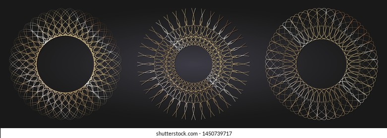 Set of decorative round frames for design with  gold abstract floral pattern. Circle frame. Templates for printing postcards, invitations, books, for textiles, engraving, forging. Vector