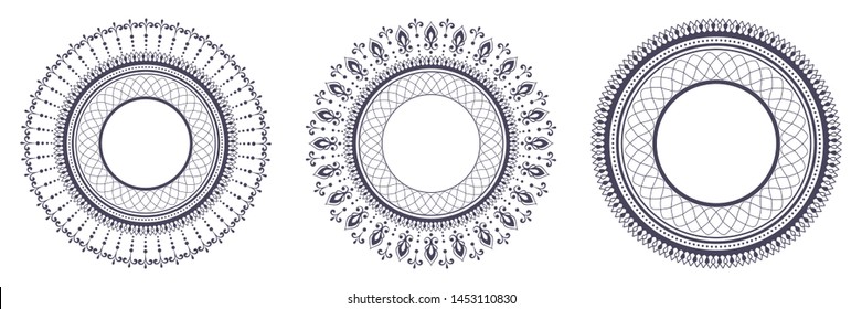 Set of decorative round frames for design with abstract floral pattern. Circle frame. Templates for printing postcards, invitations, books, for textiles, engraving, wooden furniture, forging. Vector