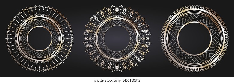 Set of decorative round frames for design with  gold abstract floral pattern. Circle frame. Templates for printing postcards, invitations, books, for textiles, engraving, forging. Vector