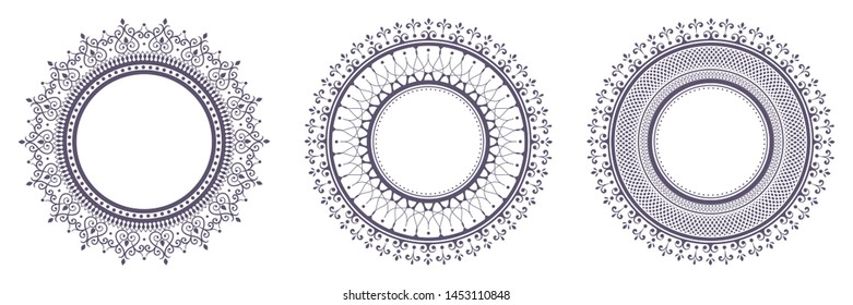 Set of decorative round frames for design with abstract floral pattern. Circle frame. Templates for printing postcards, invitations, books, for textiles, engraving, wooden furniture, forging. Vector