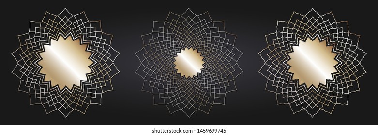Set of decorative round frames for design with  gold abstract floral pattern. Circle frame. Templates for printing postcards, invitations, books, for textiles, engraving, forging. Vector