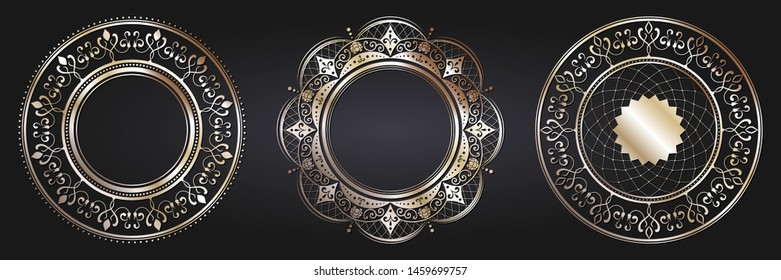 Set of decorative round frames for design with  gold abstract floral pattern. Circle frame. Templates for printing postcards, invitations, books, for textiles, engraving, forging. Vector