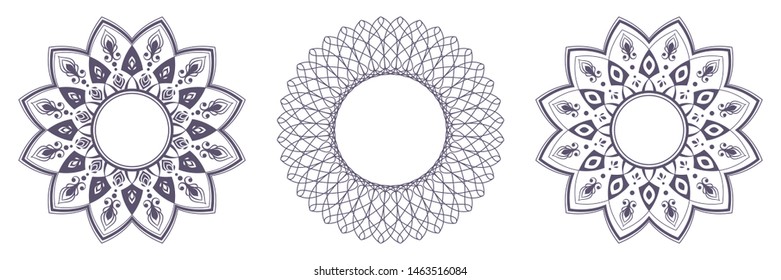 Set of decorative round frames for design with abstract floral pattern. Circle frame. Templates for printing postcards, invitations, books, for textiles, engraving, wooden furniture, forging. Vector
