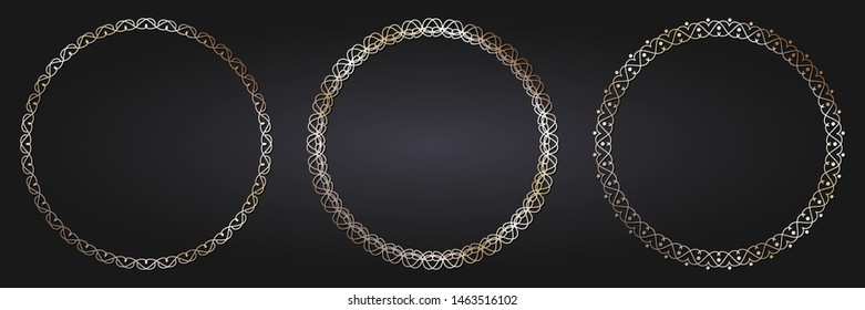 Set of decorative round frames for design with  gold abstract floral pattern. Circle frame. Templates for printing postcards, invitations, books, for textiles, engraving, forging. Vector