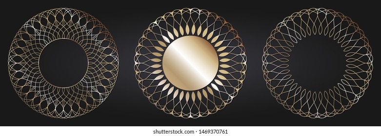 Set of decorative round frames for design with  gold abstract floral pattern. Circle frame. Templates for printing postcards, invitations, books, for textiles, engraving, forging. Vector