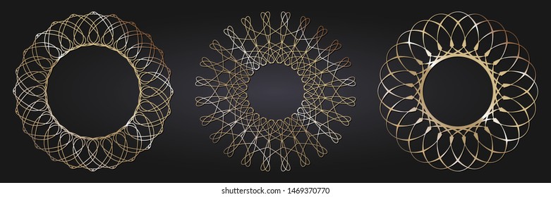 Set of decorative round frames for design with  gold abstract floral pattern. Circle frame. Templates for printing postcards, invitations, books, for textiles, engraving, forging. Vector