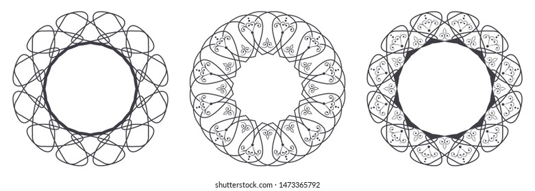Set of decorative round frames for design with abstract floral pattern. Circle frame. Templates for printing postcards, invitations, books, for textiles, engraving, wooden furniture, forging. Vector