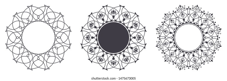 Set of decorative round frames for design with abstract floral pattern. Circle frame. Templates for printing postcards, invitations, books, for textiles, engraving, wooden furniture, forging. Vector