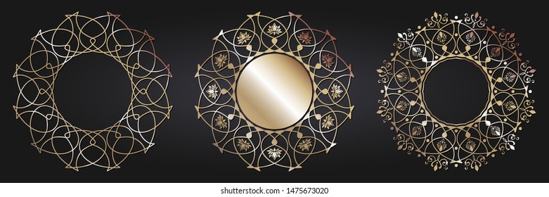 Set of decorative round frames for design with  gold abstract floral pattern. Circle frame. Templates for printing postcards, invitations, books, for textiles, engraving, forging. Vector