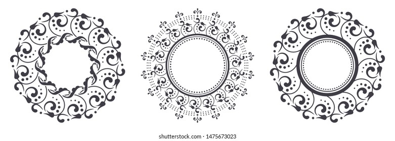 Set of decorative round frames for design with abstract floral pattern. Circle frame. Templates for printing postcards, invitations, books, for textiles, engraving, wooden furniture, forging. Vector