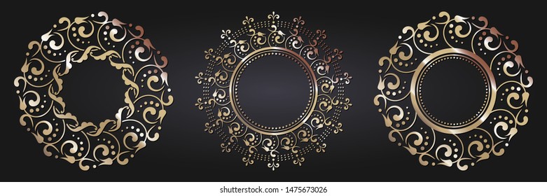 Set of decorative round frames for design with  gold abstract floral pattern. Circle frame. Templates for printing postcards, invitations, books, for textiles, engraving, forging. Vector