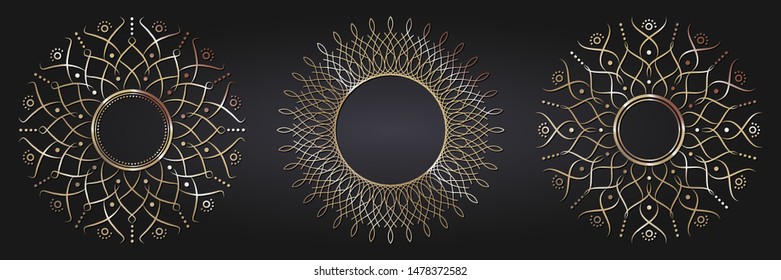Set of decorative round frames for design with  gold abstract floral pattern. Circle frame. Templates for printing postcards, invitations, books, for textiles, engraving, forging. Vector